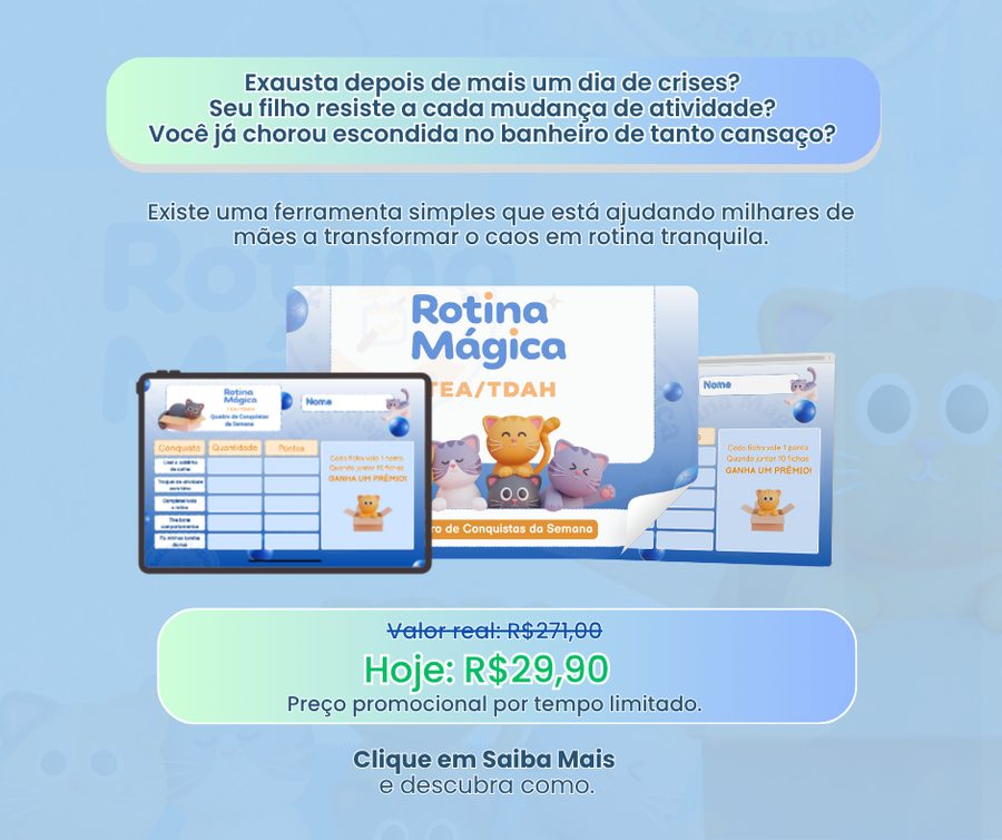 Criança com tablet mostrando o quadro de rotina mágica